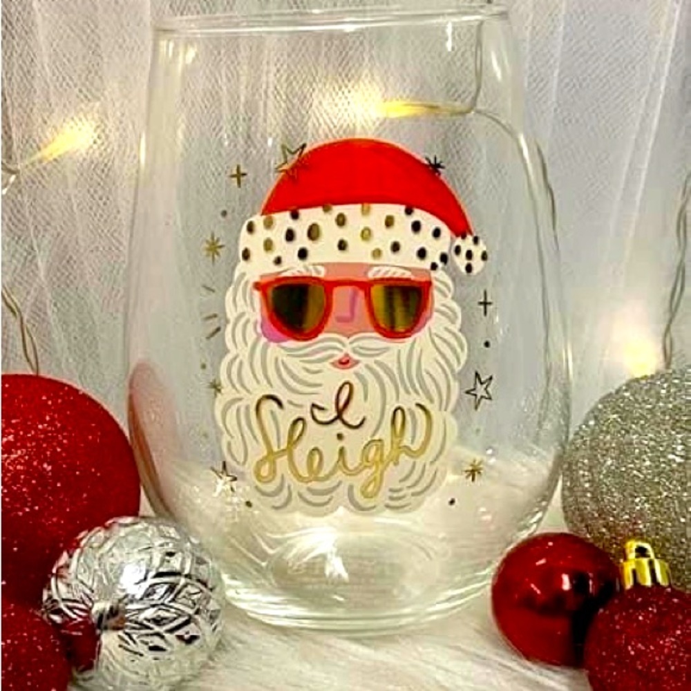 Festive “I Sleigh” Santa Stemless Wine Glass NWT